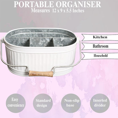 Alpha Living Home Galvanized Metal Utensil Caddy - Rustic Farmhouse Organizer Metal Garden Caddy with 4 Compartments and Wooden Handle for Kitchen, Buffet & Outdoor Events (Silver)