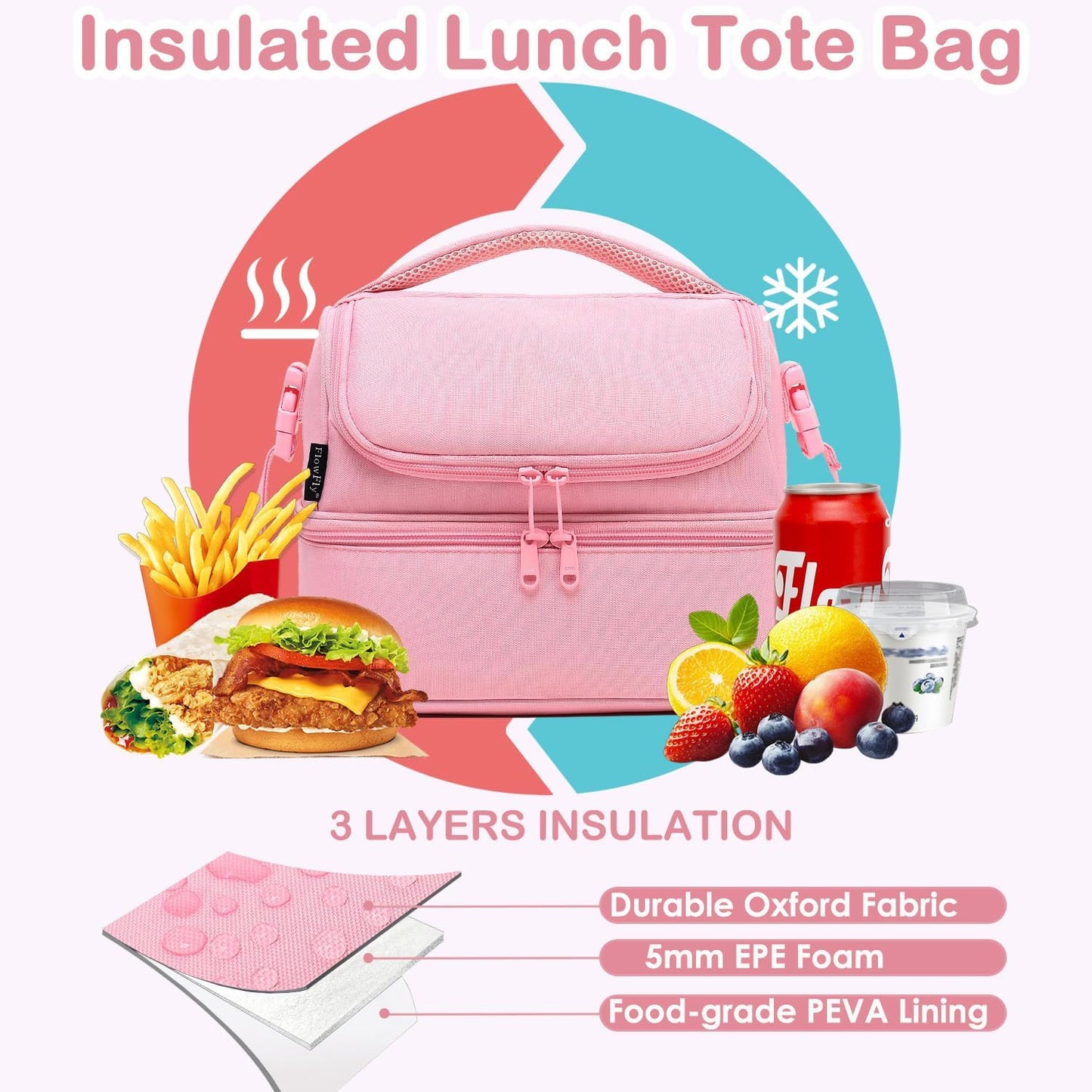 FlowFly Kids Double Decker Cooler Insulated Lunch Bag Large Tote for Boys, Girls, Men, Women, With Adjustable Strap, Unicorn