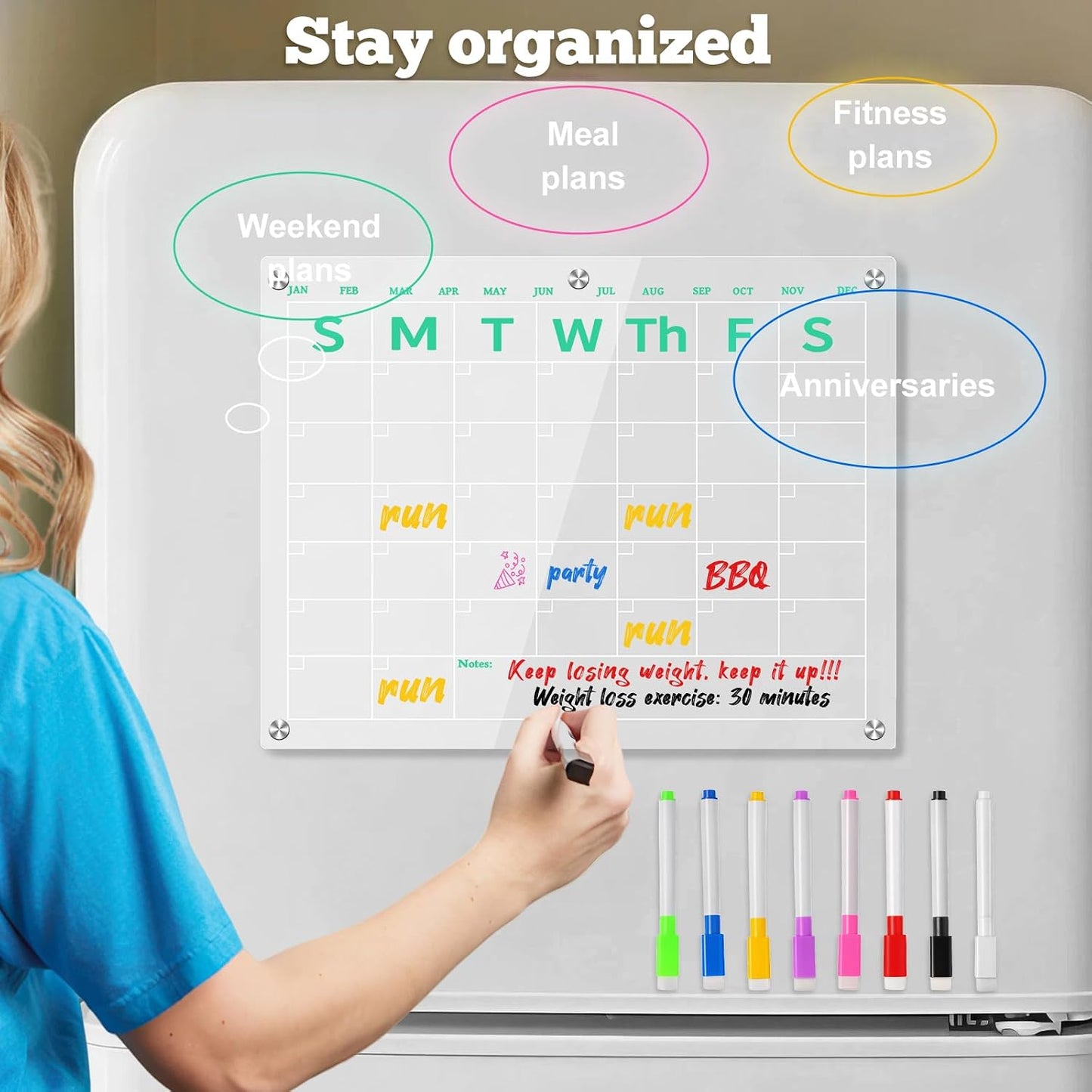 Fridge Calendar 15"x11", Magnetic Calendar for Refrigerator, Acrylic Whiteboard Calender Dry Erase, Monthly Meal Planner for Refrigerator, w/8 Markers (Blue)