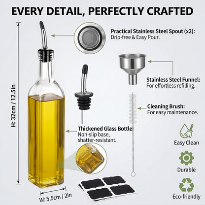 Green Olive Oil Dispenser Bottle - 17oz/500ml Glass Oil and Vinegar Bottles Set for Kitchen, Oil Dispenser with 2 Stainless Steel Pourers, Funnel and Brush