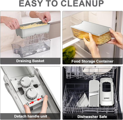 8 in 1 Mandoline Slicer for Kitchen, Vegetable Chopper, Potato Slicer, Fry Cutter Onion Chopper with Drain Basket Food Container with Lid, Stainless Steel Cheese Grater for Quick Meal Pre (Black)
