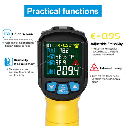 Infrared Thermometer Gun, Non Contact Digital Laser Thermometer Temperature Gun with Color LCD for Cooking, Home Repairs, Humidity Measurement, Adjustable Emissivity -58°F to 1472°F(-50~800°C)