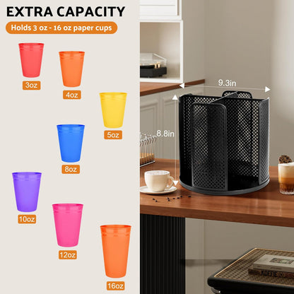 Rotating Paper Cup Dispenser with 4 Compartments, Disposable Coffee Cup Storage & Lid Holder for Countertops, Kitchen, Coffee Stations (White)