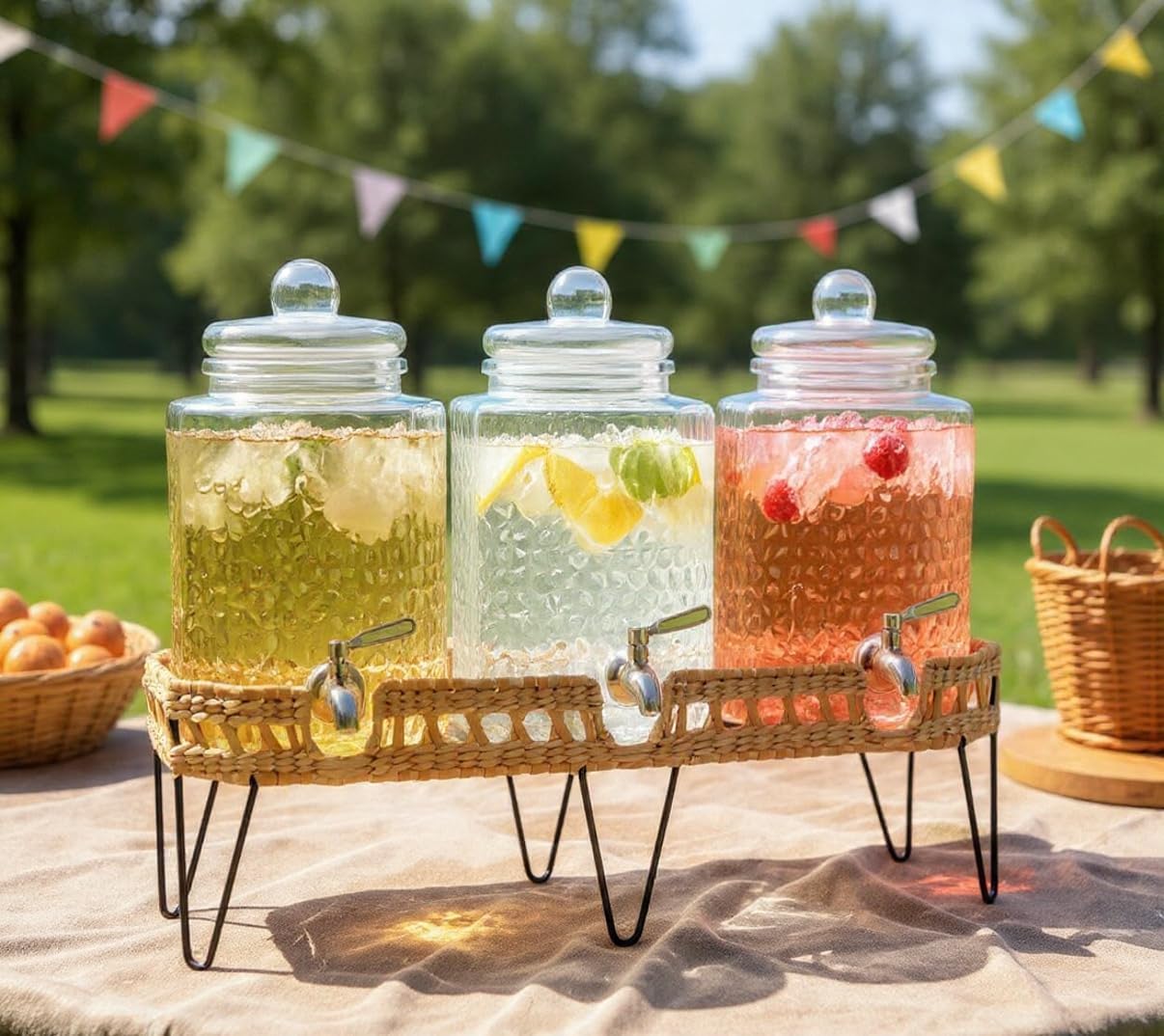 3 Gallon Glass Drink Dispenser with Metal Stand & Lid – Hammered Beverage Dispenser with Leakproof Spigot, Wide Mouth for Easy Fill – Ideal for Parties, Lemonade, Iced Tea, Sangria & More