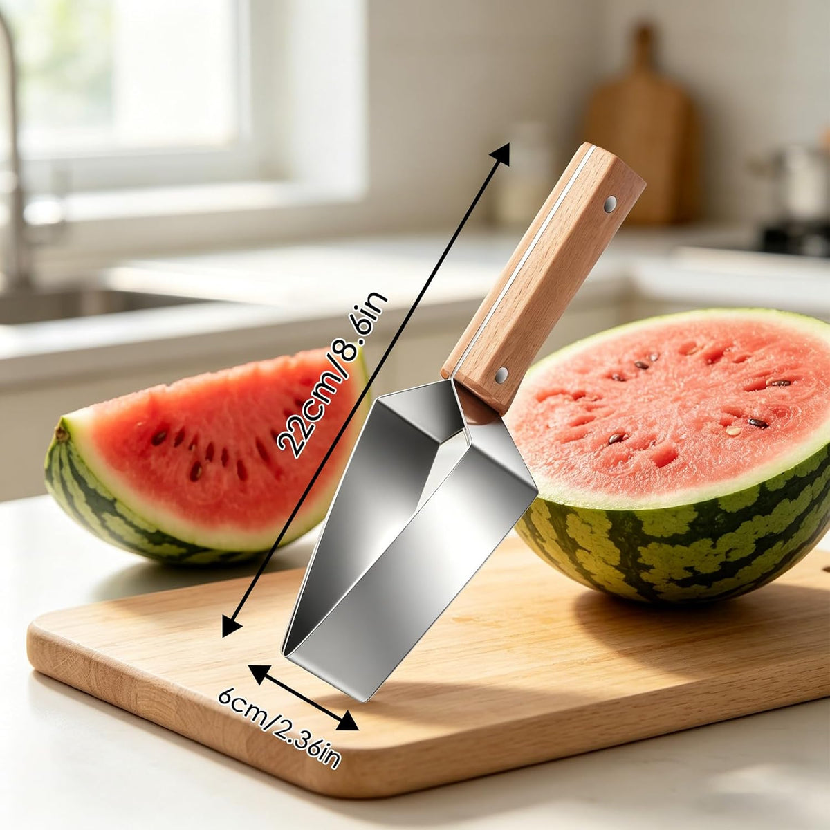 2PCS Triangle Watermelon Cutter, Stainless Steel Watermelon Slicer with Wooden Handle Melon Slicer, Fruit Cutter for Kitchen Gadgets Cantaloupe Chunks,Watermelon,Honeydew Melon