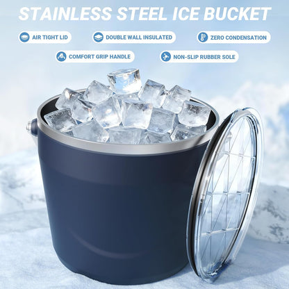Luxfuel Insulated Beverage & Ice Bucket with Lid - Stainless Steel, Includes Scoop & Tongs, Holds 6 Longnecks or 3 Wine Bottles, Keeps Ice for Hours, Portable Handle for Parties & Outdoors (7.5L)