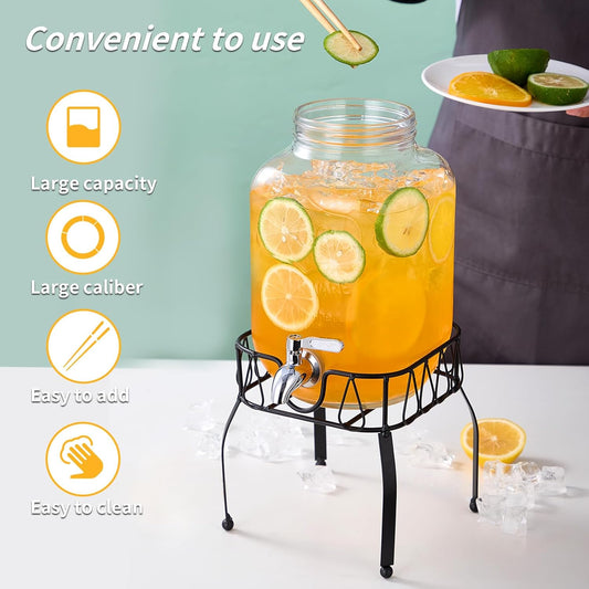 1 Gallon Glass Beverage Dispenser with Stand, Stainless Steel Spigot and Lid, Glass Drink Dispensers for Parties, Drink Dispensers with Lids for Lemonade Sun Tea Mason Jar