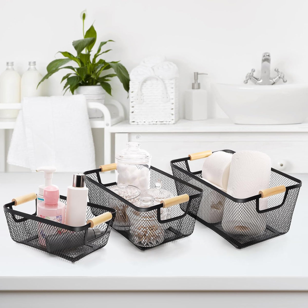 Noamus 3 Pack Metal Mesh Basket with Wooden Handle, Farmhouse Wire Steel Storage Bins, Rectangle Fruit Vegetable Organizer Containers for Home Cabinet Pantry Kitchen Decor, Snack Gift (Black, 3 Size)