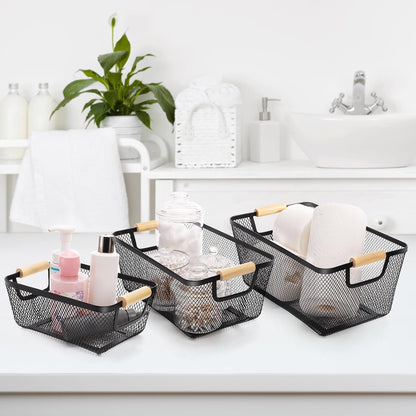 Noamus 3 Pack Metal Mesh Basket with Wooden Handle, Farmhouse Wire Steel Storage Bins, Rectangle Fruit Vegetable Organizer Containers for Home Cabinet Pantry Kitchen Decor, Snack Gift (Black, 3 Size)