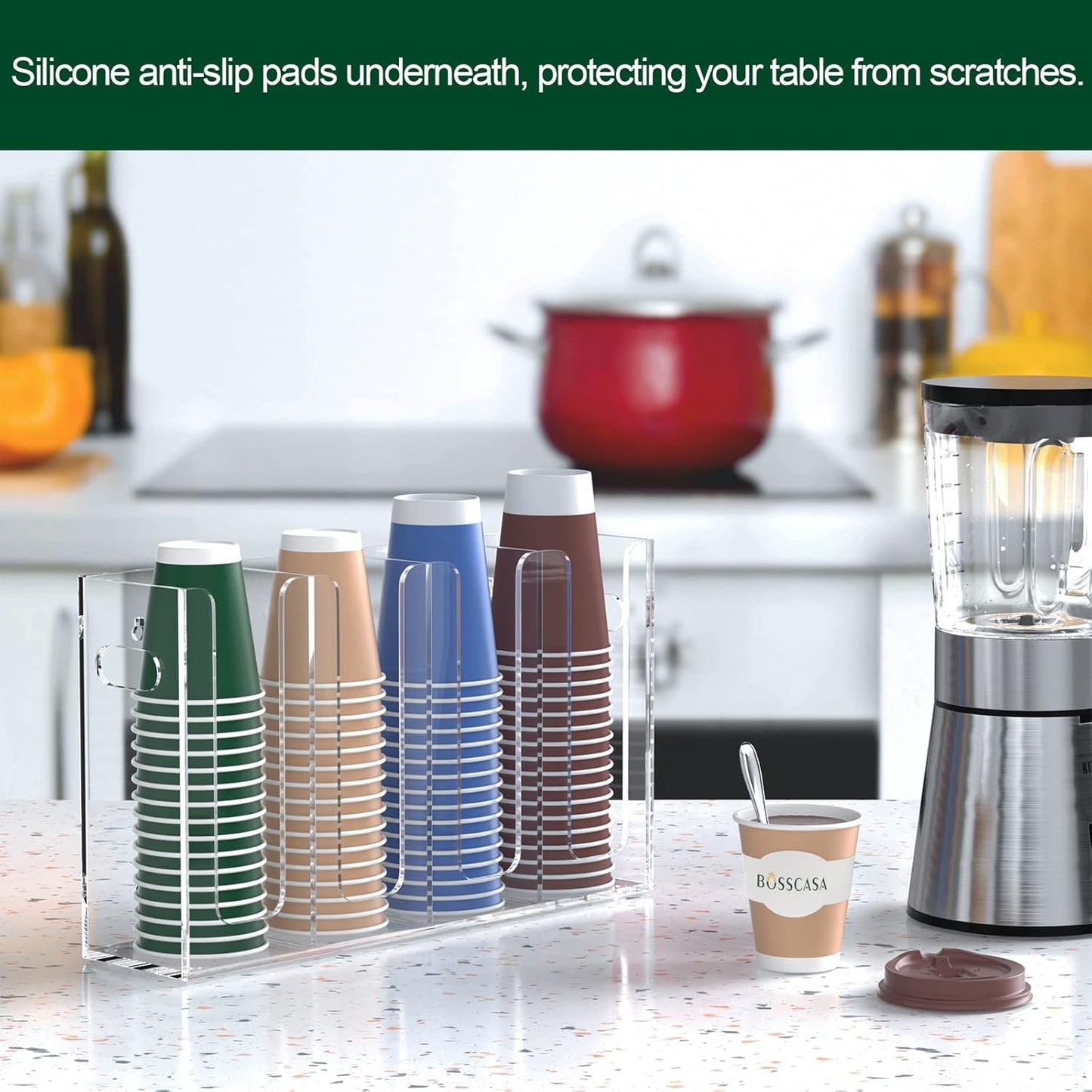 Disposable Coffee Cup Dispenser with Handles, Countertop or Wall Mount Hot/Cold Drink Cup and Lid Holder - Bathroom/Kitchen/Office Acrylic Cup Lid Storage Organizer (1 Compartment, Clear)