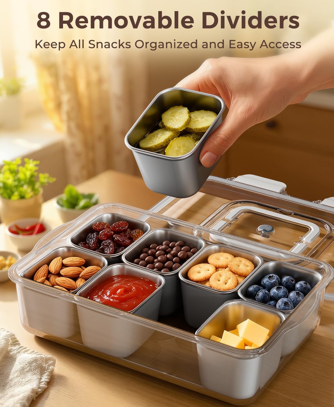 Snackle Box Container with 8 Removable Stainless Steel Compartments Divided Serving Tray with Portable Handle for Beach, Road Trip, Picnic, Boat Days, Ball Games, Pool and Parties