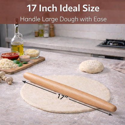 17 Inch French Rolling Pin, Wooden Dough Roller for Baking, Solid Wood Tapered Rolling Pin for Pizza, Pie Crust, Cookies, Pastry, Non-Stick, Easy Control Kitchen Baking Tool, Beech Wood