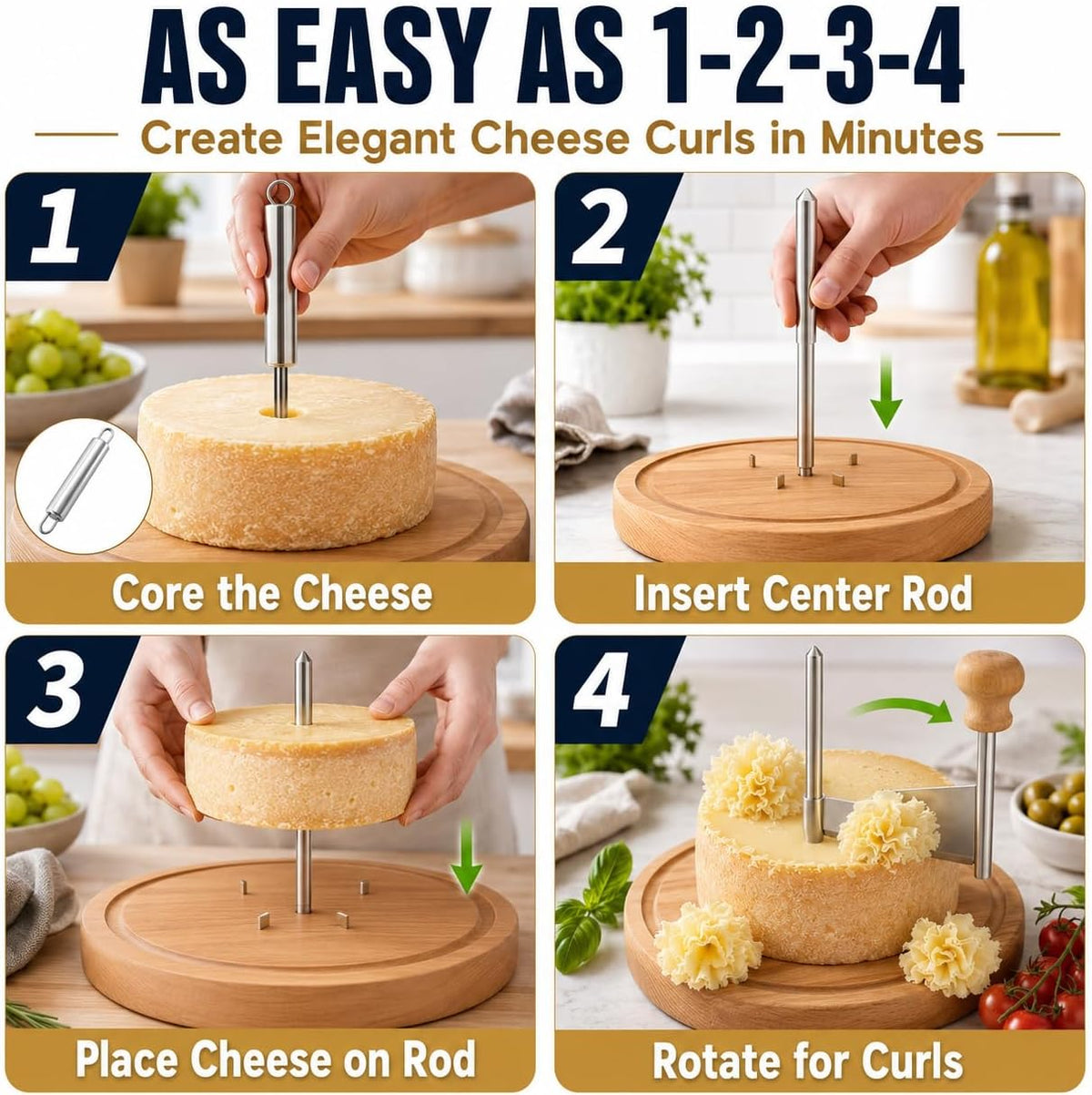 OYEWALLS Adjustable Wire Cheese Slicer for Block Cheese, Handheld Stainless Steel Cheese Cutter with 4 Extra Wires, Premium Rolling Cheese Wire Slicer for Mozzarella, Cheddar, Gruyere