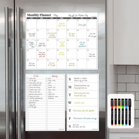 Non-Magnetic Dry Erase Calendar Set for Fridge - 14.5“x11.5 Reusable Monthly and Weekly Calendar - 6.5"x11.5" Menu and List Board Sticks to Most Smooth Surfaces - 6 Dry Erase Markers Included