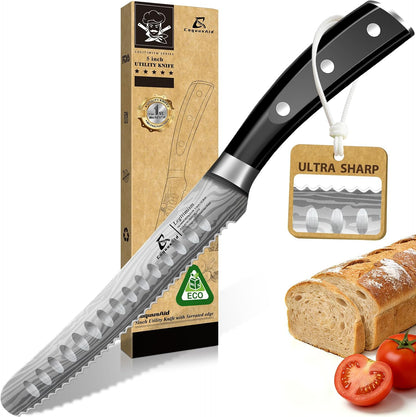 CoquusAid 5 inch Kitchen Utility Knife, Serrated Blade Tomato Knife