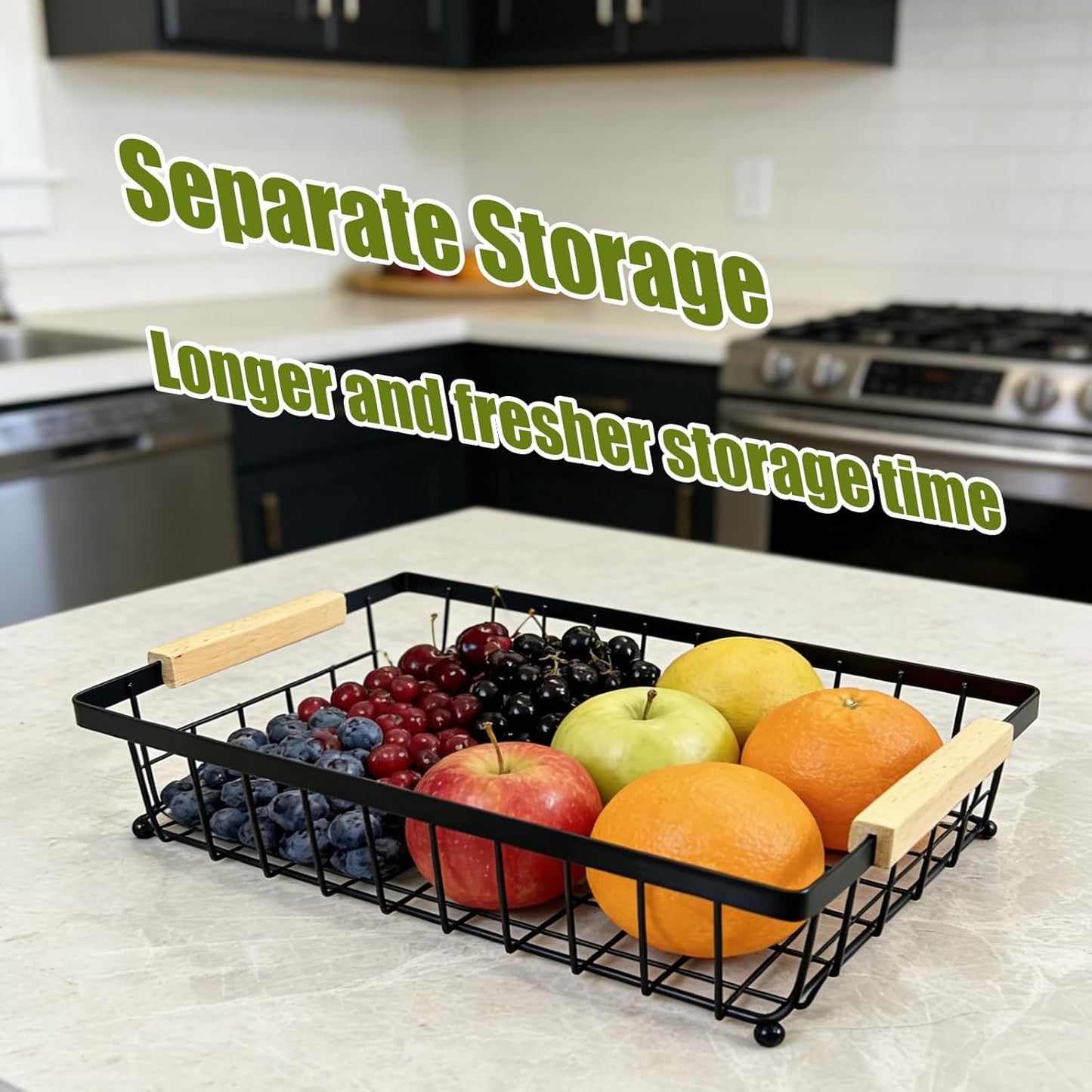 2 Tier Fruit Basket for Kitchen Counter, Large Fruit Holder with 2 Banana Hooks, Detachable Metal Fruit Stand with Wooden Handle, Kitchen Storage Cart,Vegetable Basket, Snack Rack