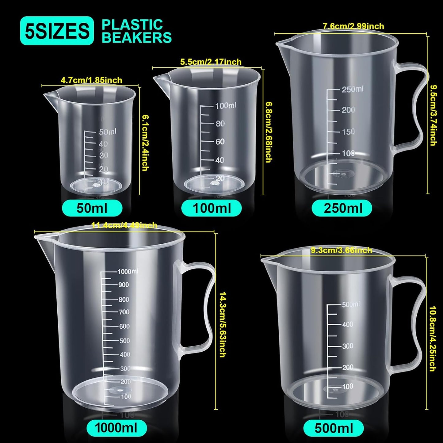 Teenitor Graduated Cylinder Plastic Beaker, 5pcs Plastic Graduated Cylinder 10ml 25ml 50ml 100ml 250ml and 5pcs Plastic Beakers 50ml 100ml 250ml 500ml1000ml Clear 10pcs