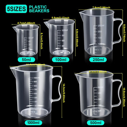 Teenitor Graduated Cylinder Plastic Beaker, 5pcs Plastic Graduated Cylinder 10ml 25ml 50ml 100ml 250ml and 5pcs Plastic Beakers 50ml 100ml 250ml 500ml1000ml Clear 10pcs