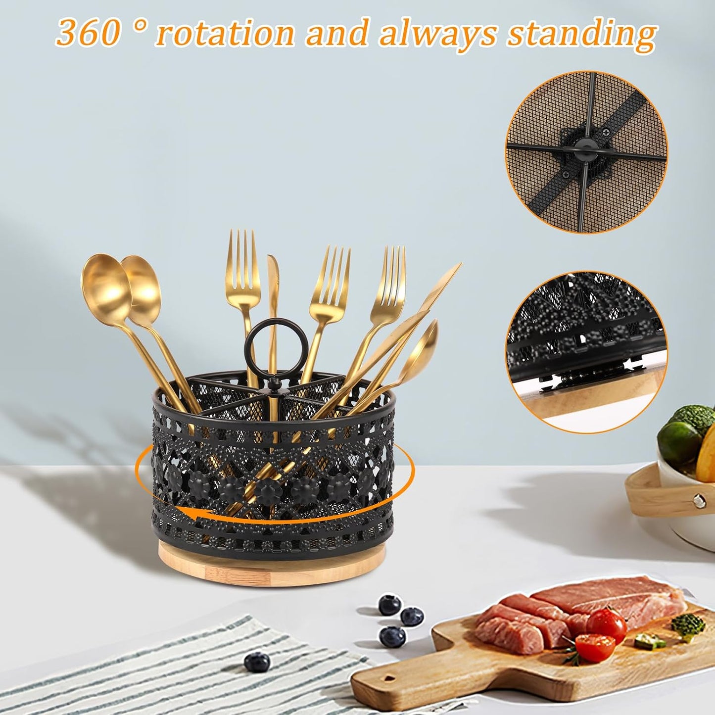 360° Rotating Utensil Caddy Countertop, Cutlery Silverware Caddy Holder with 4 Compartment, Rotation Fork Spoon Napkin Organizer for Party Countertop Buffet Picnic Camping Outdoor