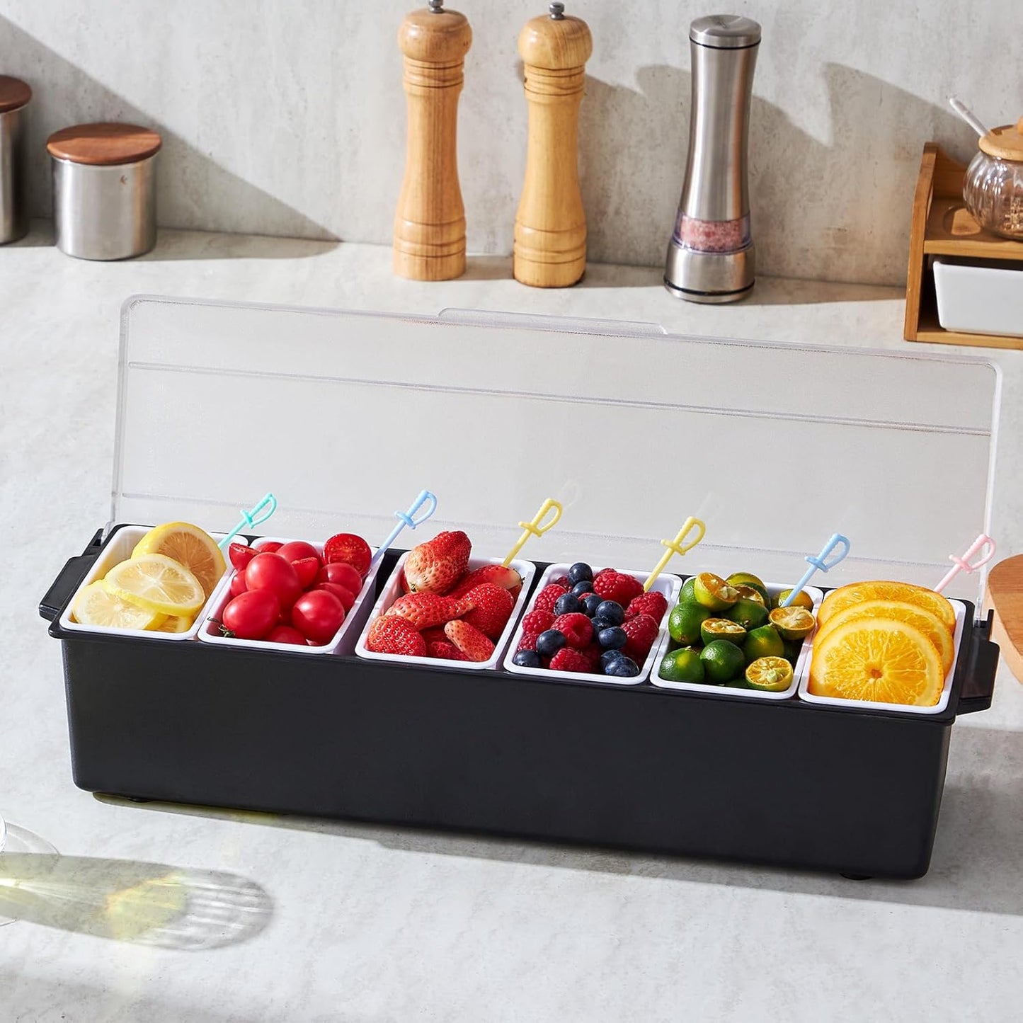 VEVOR Chilled Condiment Server Caddy, 5 Compartment Ice Cooled Serving Container, Plastic Fruit Garnish Tray Platter with Lid, for Taco Salad Bar Accessories, Party Home Restaurant Supplies