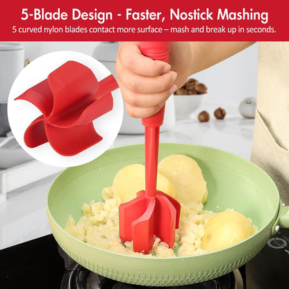 Ourokhome Meat Chopper and Potato Masher, Heat Resistant Nylon Ground Beef Smasher for Hamburger, 5 Curved Blades Nonstick Safe Mixer & Stirrer, Practical Kitchen Gadgets, Mint