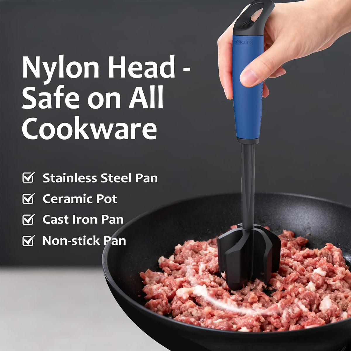 Ourokhome Meat Chopper and Potato Masher, Heat Resistant Nylon Ground Beef Smasher for Hamburger, 5 Curved Blades Nonstick Safe Mixer & Stirrer, Practical Kitchen Gadgets, Mint