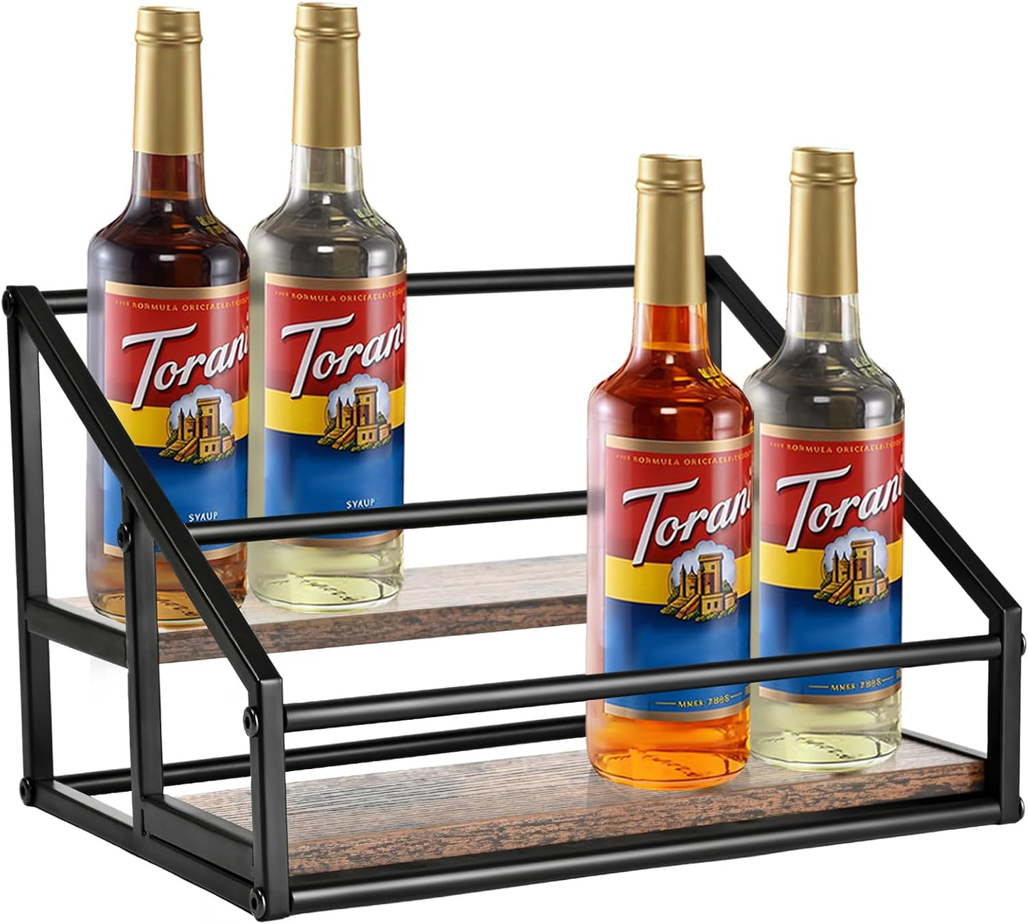 YQBRAO Coffee Syrup Rack Organizer,Liquor Bottle Display Shelf,2-Tier 4 Bottle Stand for Coffee Bar, Kitchen Station, Liquor, Wine, Dressing,Rustic Brown