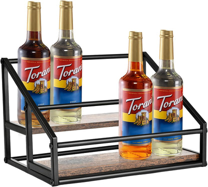 YQBRAO Coffee Syrup Rack Organizer,Liquor Bottle Display Shelf,2-Tier 4 Bottle Stand for Coffee Bar, Kitchen Station, Liquor, Wine, Dressing,Rustic Brown