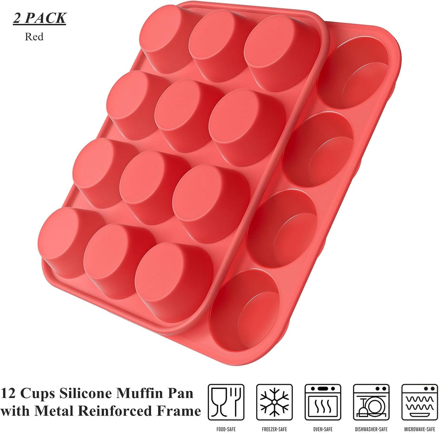 Bangp 12-Cup Silicone Muffin Pan with Metal Reinforced Frame,2 Pack Regular Size Cupcake Pan,Premium Non-Stick Bend Resistance Silicone Molds for Making Muffin,Cakes,Tart,Egg Bites (Red)