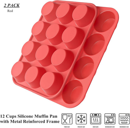 Bangp 12-Cup Silicone Muffin Pan with Metal Reinforced Frame,2 Pack Regular Size Cupcake Pan,Premium Non-Stick Bend Resistance Silicone Molds for Making Muffin,Cakes,Tart,Egg Bites (Red)