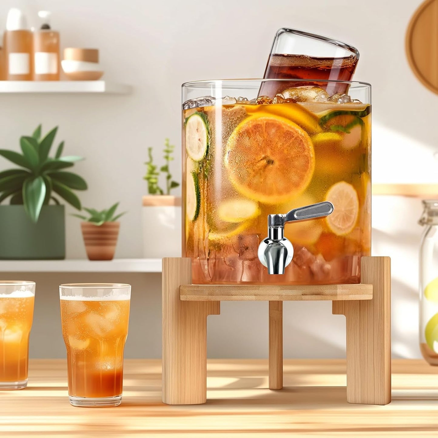 Beverage Dispenser 2.1 Gallon, Glass Drink Dispenser with Stand, Drink Dispensers for Parties, Beverage Dispenser with Wood Stand, Stainless Steel Spigot, for Parties,Bars,Restaurants (2.1 Gallons)