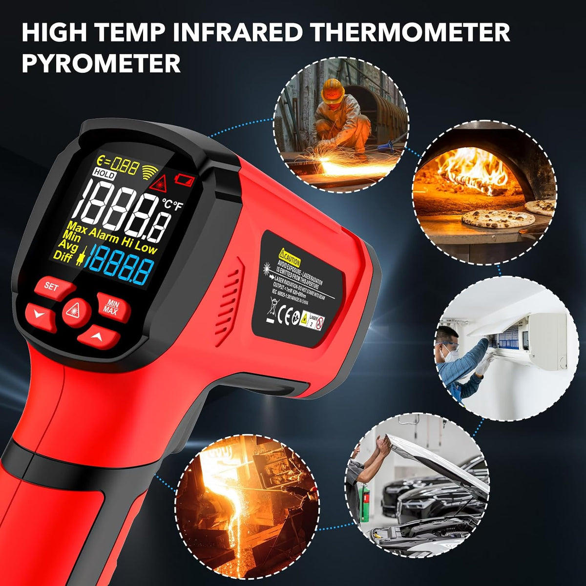 Infrared Thermometer Gun, Non Contact Digital Laser Thermometer Temperature Gun with Color LCD for Cooking, Home Repairs, Humidity Measurement, Adjustable Emissivity -58°F to 1472°F(-50~800°C)