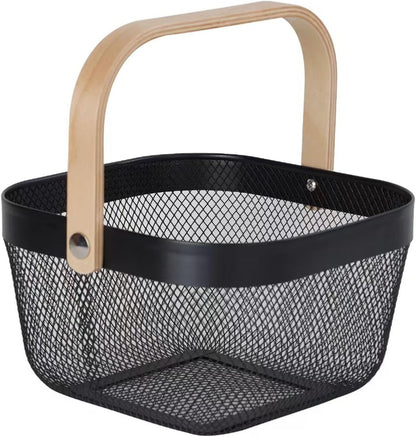 AJIODA Metal Mesh Wire Basket, Large Steel Basket with Wooden Handle Storage Organizer Basket Multi-functional Hanging Kitchen Baskets Fruit Baskets for Kitchen Bathroom Cabinet Pantry Snacks, Black