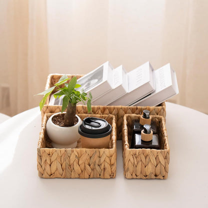 Natural Water Hyacinth Wicker Baskets Set of 3, Handwoven Nesting Organizer | for Pantry Shelves Bathroom and Bedroom Organization to Hold Towels or Books