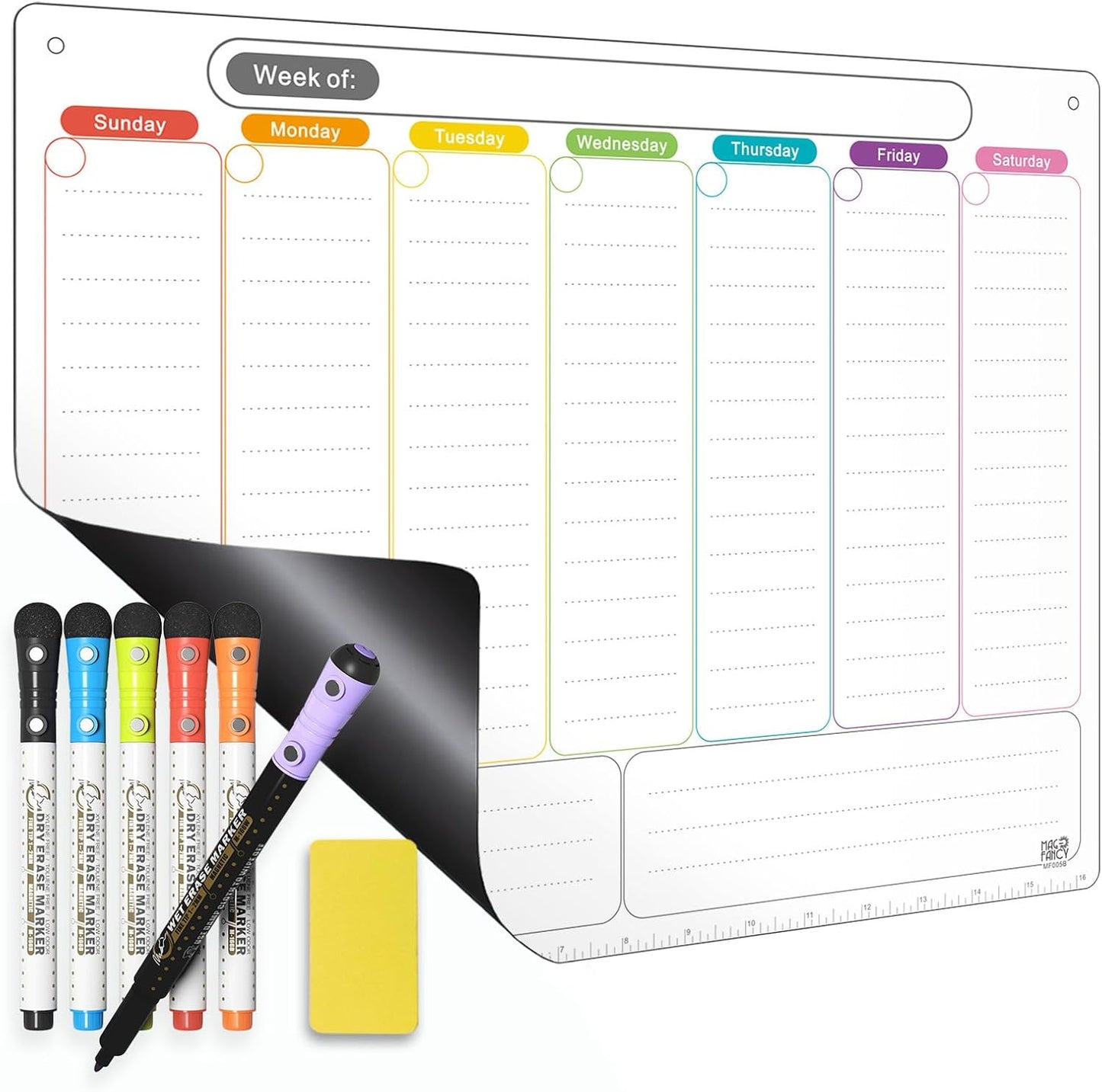 Magnetic Weekly Calendar for Fridge (Monday Start), Vertical Dry Erase Planner with Large Writing Space & Side Notes – Includes 6 Markers, Reusable Whiteboard for Busy Schedules