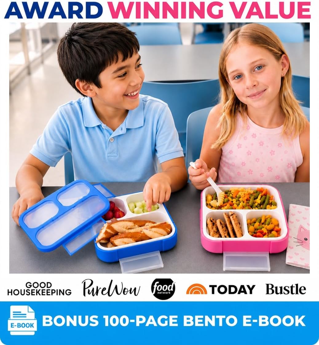 kinsho Medium Bento Boxes for Kids, Lunch Box for Boys Girls Toddler Adults, Leak-Proof 3 Compartment Containers for Meal or Snack at School Daycare Work Travel, BPA Free 2 Pack (Pastel Blue + Pink)
