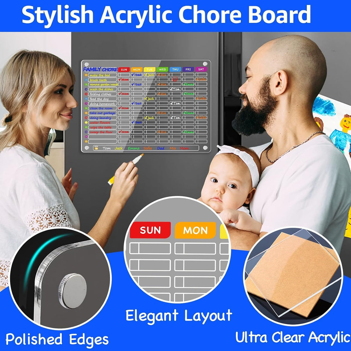 PigPotParty 2-in-1 Acrylic Magnetic Chore Chart for 2 Kids, Couples, Roommates, 15"x11" Large Dry Erase Chore Board for Fridge, Clear Weekly & Daily Reward Chart, Includes 12 Markers & Towel