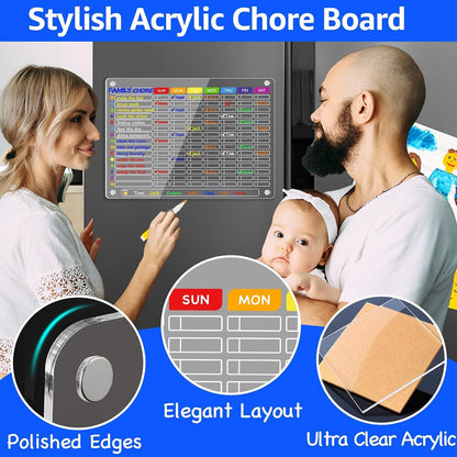 PigPotParty 2-in-1 Acrylic Magnetic Chore Chart for 2 Kids, Couples, Roommates, 15"x11" Large Dry Erase Chore Board for Fridge, Clear Weekly & Daily Reward Chart, Includes 12 Markers & Towel