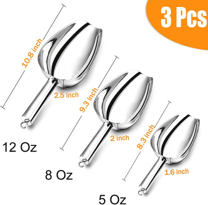P&P CHEF Ice Scoop Set of 3, Stainless Steel food Scoop, 3+3+3 Oz & Silver