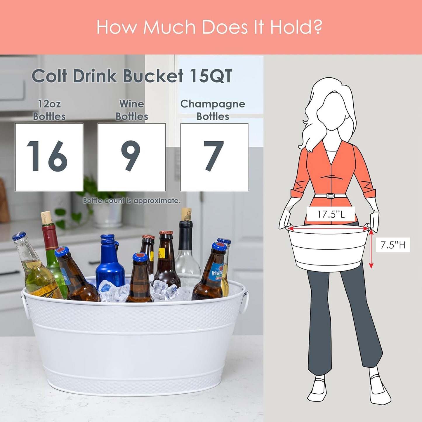 BREKX Stainless Steel Beverage Tub, 15 Quarts (4 Gallon), Rust-Proof, Oval, Multi-Use, Champagne Bucket for Mimosa Bar Supplies, Wine Cooler Bucket, Built for Years of Celebrations
