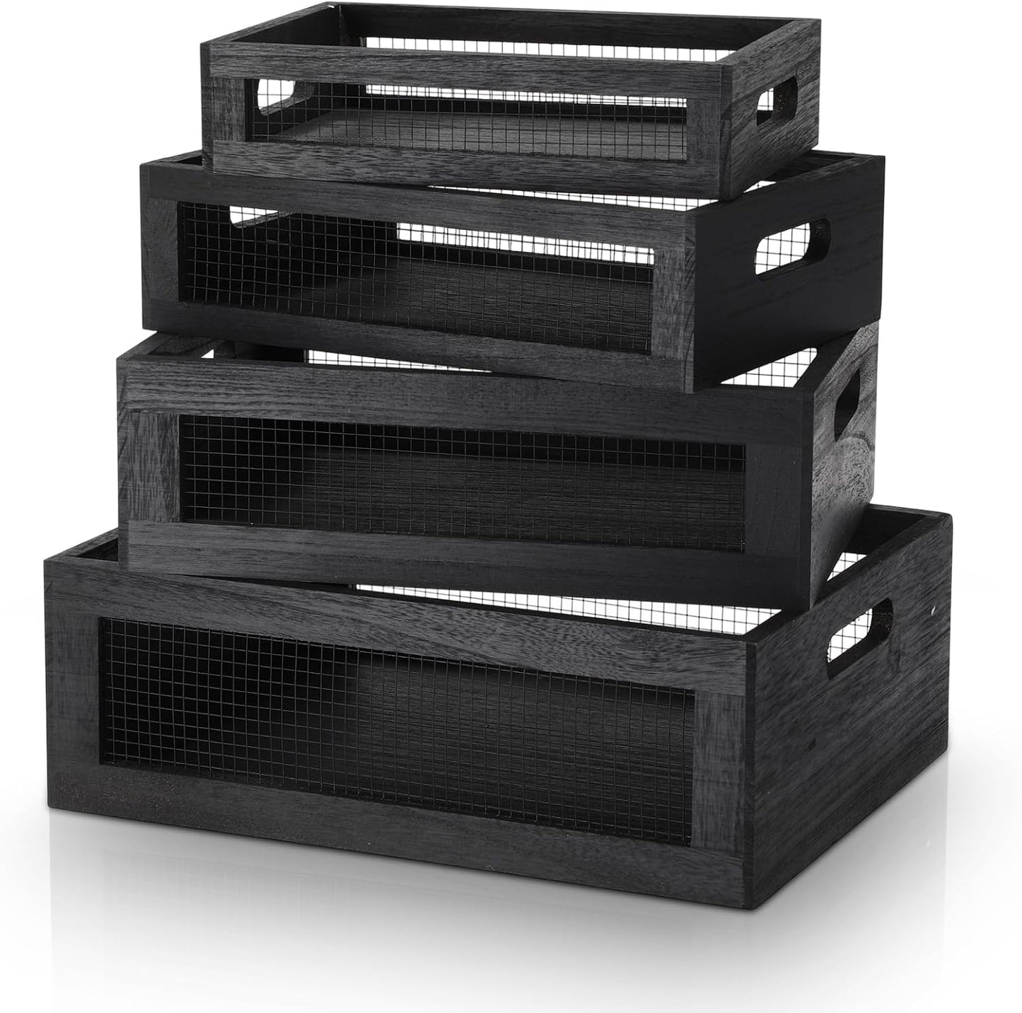 FillTouch 4 Pcs Wooden Nesting Countertop Baskets 4 Size Wooden Storage Box with Handle and Metal Wire Multipurpose Wood Organizer Crate for Fruit Vegetable Kitchen Cabinet Bathroom(Dark Brown,Small)