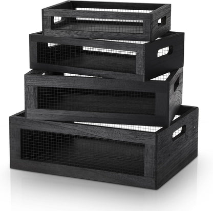 FillTouch 4 Pcs Wooden Nesting Countertop Baskets 4 Size Wooden Storage Box with Handle and Metal Wire Multipurpose Wood Organizer Crate for Fruit Vegetable Kitchen Cabinet Bathroom(Dark Brown,Small)