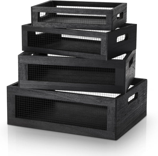FillTouch 4 Pcs Wooden Nesting Countertop Baskets 4 Size Wooden Storage Box with Handle and Metal Wire Multipurpose Wood Organizer Crate for Fruit Vegetable Kitchen Cabinet Bathroom(Dark Brown,Small)