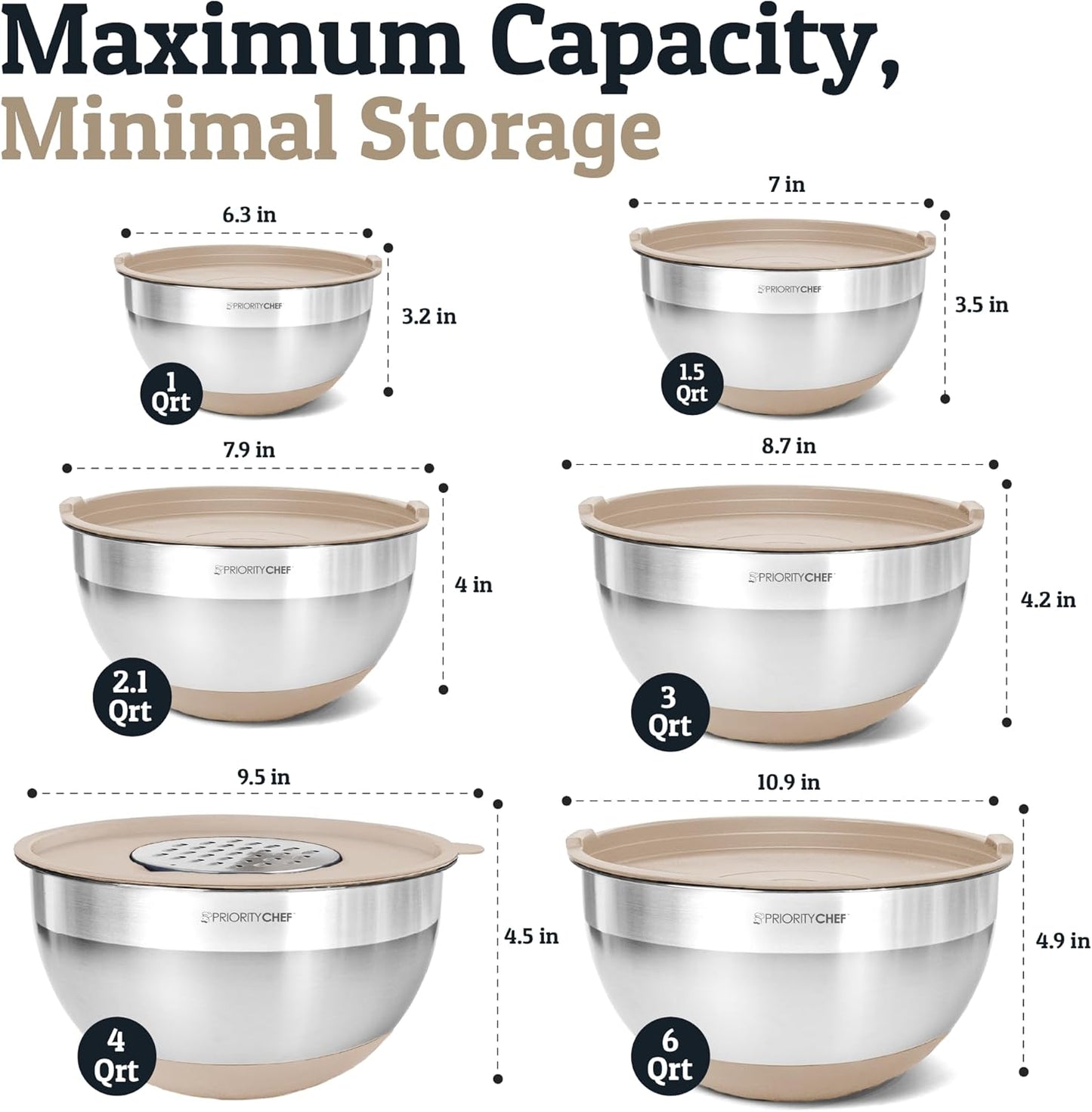 Priority Chef 6Pc Large Mixing Bowls With Lids Set with Non-Slip Bases, Stainless Steel Mixing Bowl Set, 6 Airtight Lids and 3 Graters, Grey