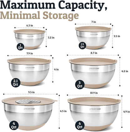 Priority Chef 6Pc Large Mixing Bowls With Lids Set with Non-Slip Bases, Stainless Steel Mixing Bowl Set, 6 Airtight Lids and 3 Graters, Grey