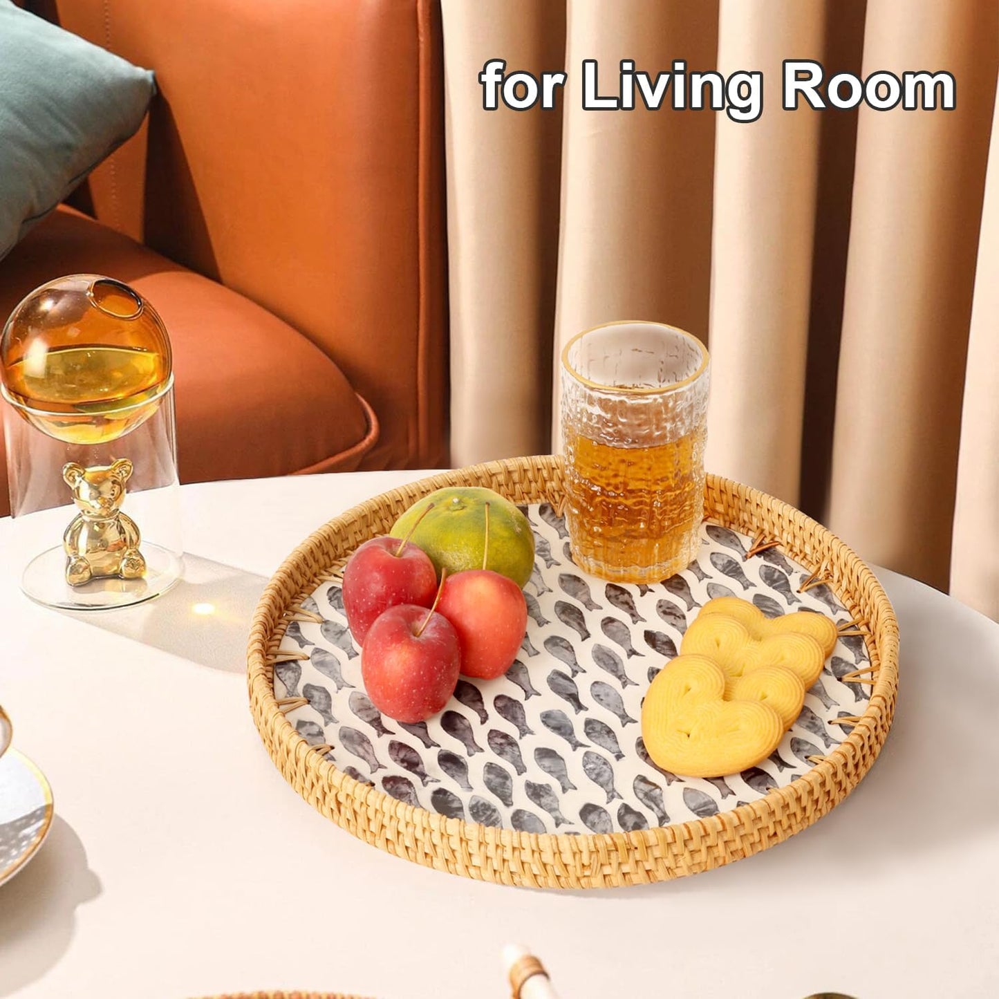 Round Rattan Tray with Mother of Pearl Inlay, Rattan Serving Tray for Coffee, Bread, Fruits, Decorative Wicker Tray for Table Decor, Home Decor, Kitchen Island Decor(Black Checkerboard, 11.8")