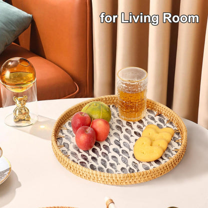 Round Rattan Tray with Mother of Pearl Inlay, Rattan Serving Tray for Coffee, Bread, Fruits, Decorative Wicker Tray for Table Decor, Home Decor, Kitchen Island Decor(Black Checkerboard, 11.8")