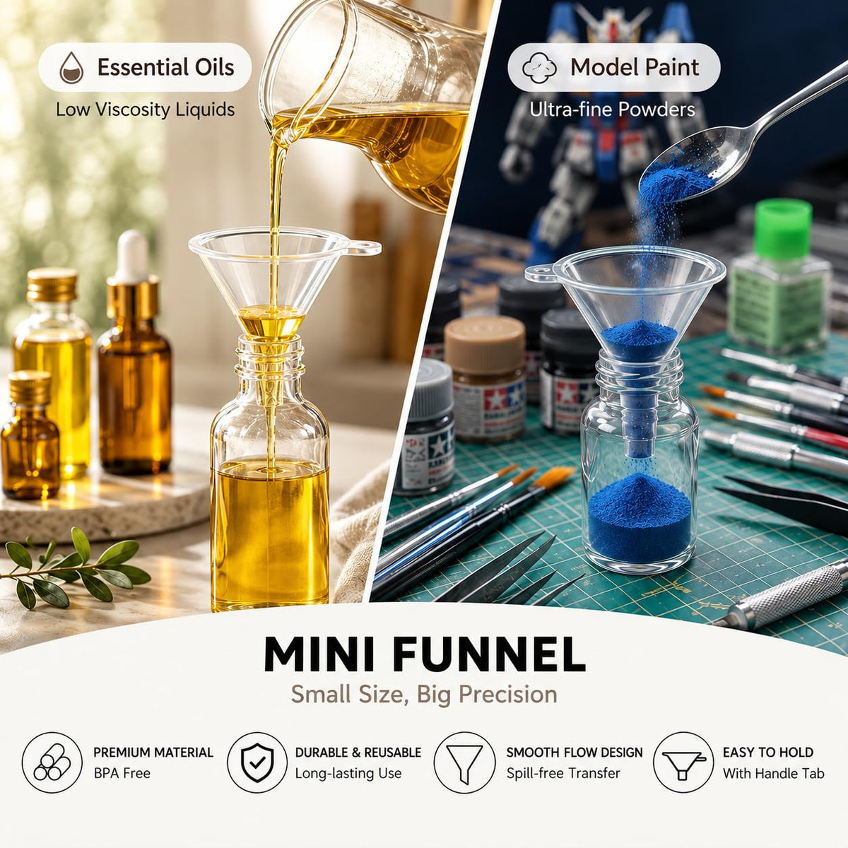 Mini Funnel Small Plastic Funnel 5-Pack for Lab Bottles, Sand Art, Perfumes, Spices, Powder, Essential Oils, Recreational Activities Kitchen Food Grade