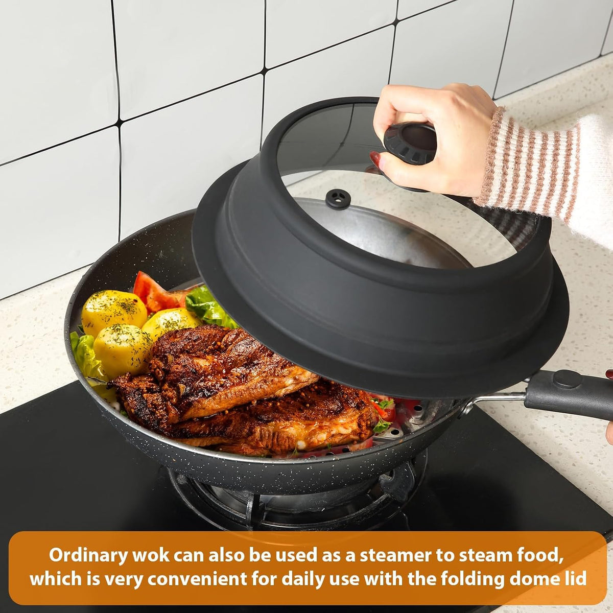 Collapsible Microwave Splatter Lid with Vented Tempered Glass Cover Wok Lid for Microwave Safe, Stockpot Steamer Pot Pan Round Bowl 6" 7" 8" 9" 10" 11" 12" Universal Multifunction Silicone Cover