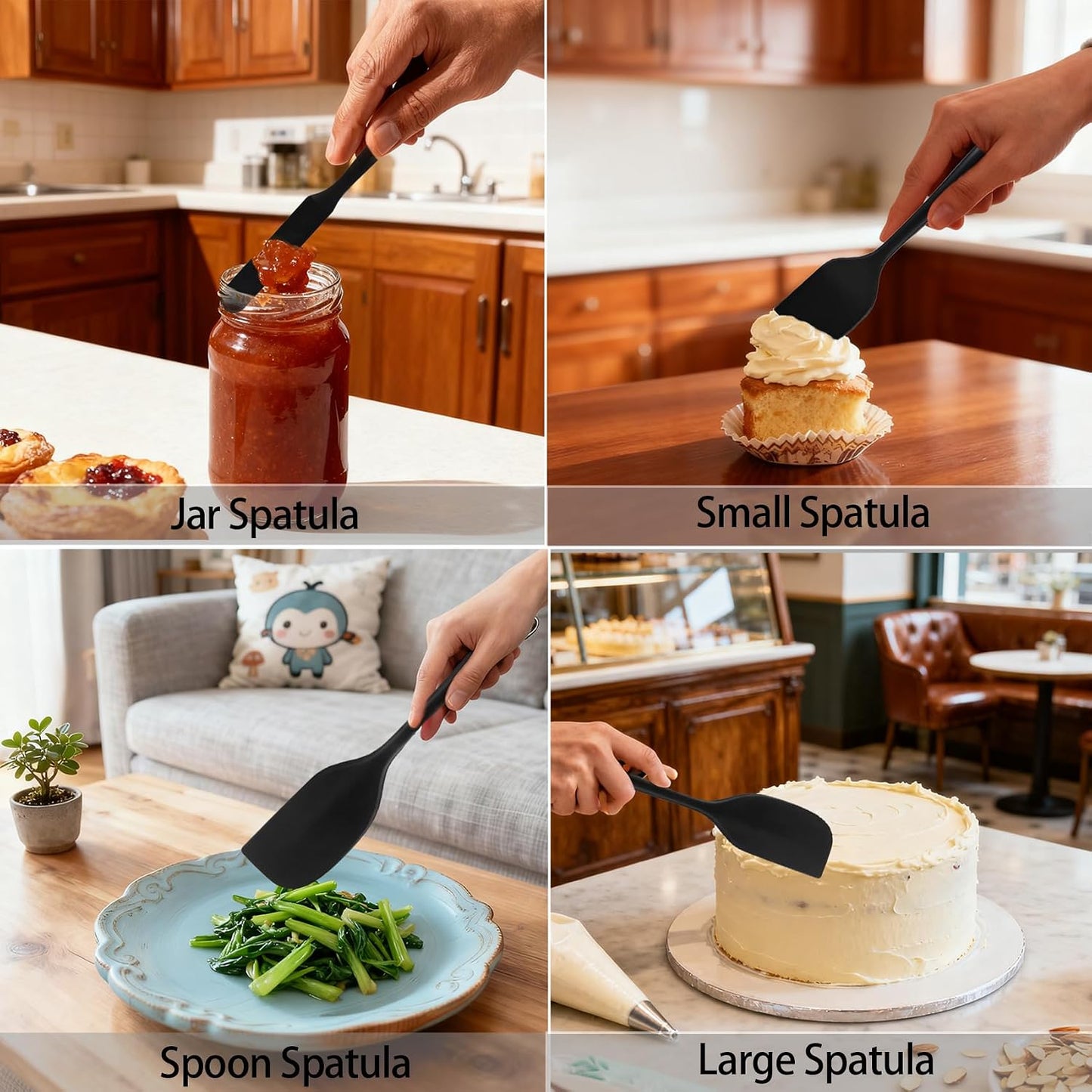 Silicone Spatula Set, Food Grade Rubber Spatula, 4 Pcs Heat Resistant Silicone Spatulas, One Piece Design Non-Stick Kitchen Utensils for Cooking, Stirring, Baking & Mixing, Dishwasher Safe (Black)